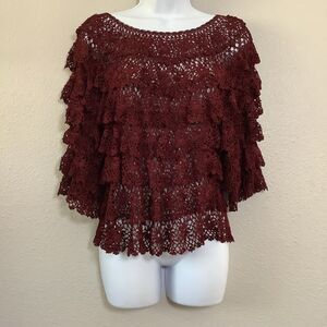 Aria A Burgundy Dark Feminine Fairy Grunge‎ Boho Festival Crochet Ruffle Top S/M